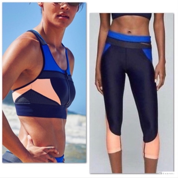 Athleta Trissential Crop Leggings & sports bra set Colorblock Blue/Peach - Picture 1 of 12